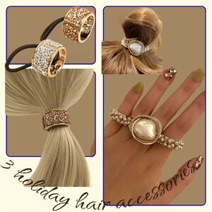 3 Pearl rhinestone hair accessory beaded jewelry scrunchie tie gold silver gifts